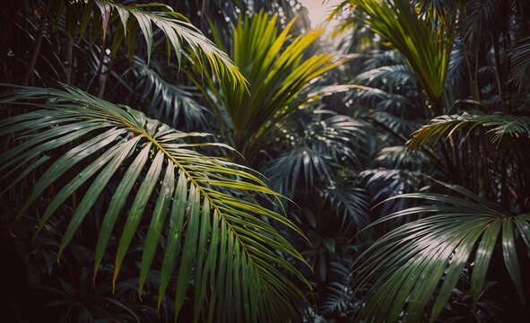 A lush green jungle with palm trees and leaves. The leaves are green and the sunlight is shining through the trees