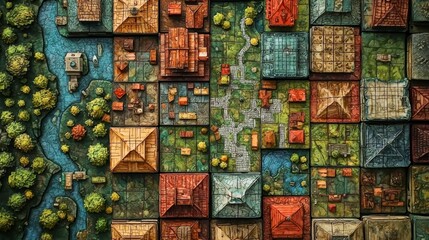A vibrant aerial depiction of an urban map showcasing various architectural styles, quaint streets, and intricate layouts, blending beauty and functionality in a cohesive design.
