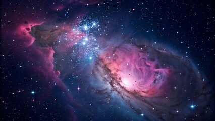 Obraz premium A stunning nebula showcases brilliant hues, with swirling clouds of gas and dust vividly illuminated by nearby stars. This celestial wonder captivates with its rich colors