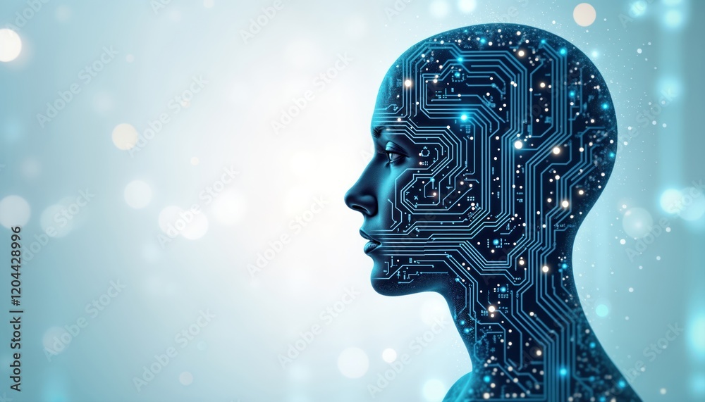 Poster human head with complex circuitry design ai, human-computer integration. sophisticated tech interfac