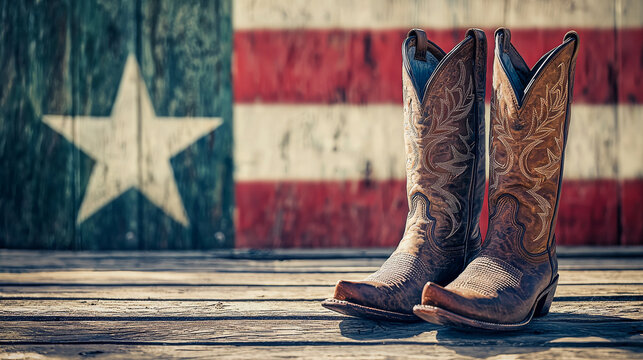 Modern Cowboy Boots Resting on Wooden Platform in Front of Texas Flag. Concept of Texan Heritage, Western Fashion, Americana Symbolism. Texas Independence Day. Copy space