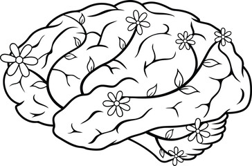 Intricate Human Brain Line Art with Floral and Vine Arteries Vector Design human brain anatomy