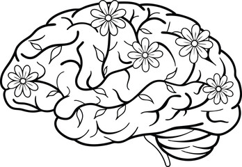 Human Brain with Vines and Floral Arteries Line Art Vector Illustration