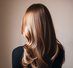 Shiny, long blond brown hair with soft waves from the back against a neutral background, showcasing healthy and well-groomed hairstyle