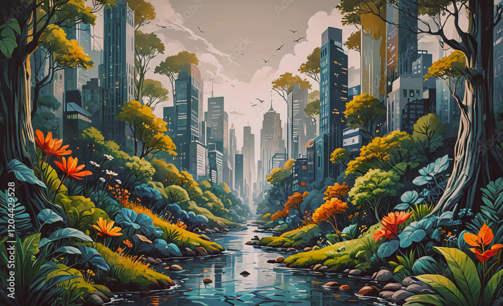 Poster a painting of a city with a river running through it. the city is surrounded by trees and the sky is