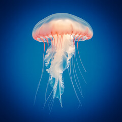 Graceful jellyfish with translucent body and flowing tentacles drifting in the blue ocean, illuminated by natural light