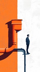 Surreal Illustration: A Man Contemplates Beside a Drainpipe Against Vibrant Orange and White Walls