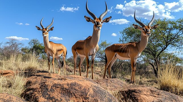 Three hartebeest on rocky outcrop, African savanna, cloudy sky.