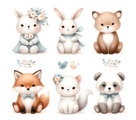 illustration of adorable forest animals such as rabbit or fox with bows and flowers in pastel colors, radiating innocence and gentle fantasy.