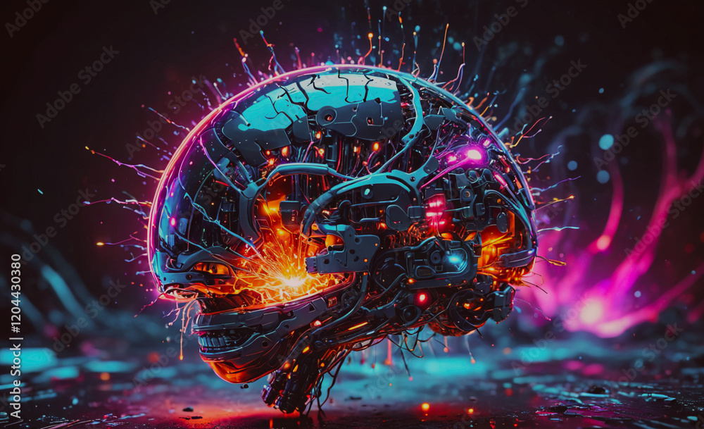 Poster a brain with a lot of wires coming out of it. the brain is surrounded by a lot of colorful sparks