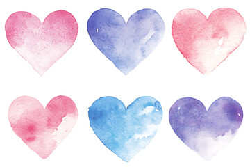 Fototapeta premium Six pastel watercolor hearts: pink, purple, and blue hues.