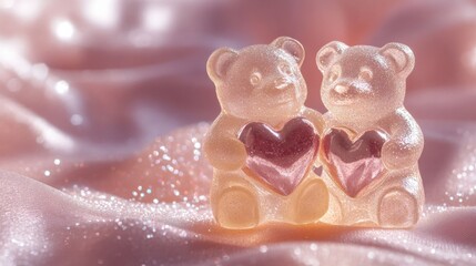 Cute gummy bears hugging heart, cozy Valentine's Day background, sweet romantic love. Social media template for business promotions.