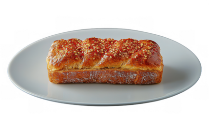 A golden brown loaf of bread with a shiny crust and sesame seeds on top, displayed on a plain white plate. Perfect for a delicious meal or snack.