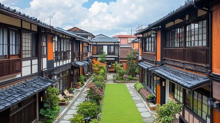 Fototapeta premium Traditional Japanese houses with courtyard garden under cloudy sky.