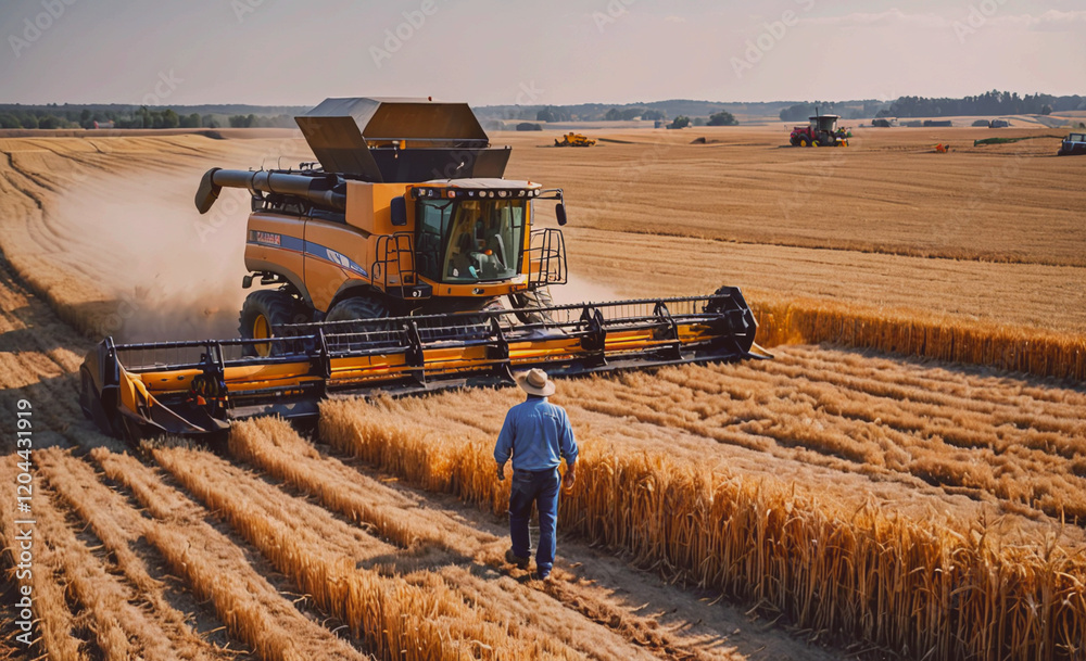 Poster a man is walking through a field of wheat. the field is full of wheat and the man is wearing a blue 