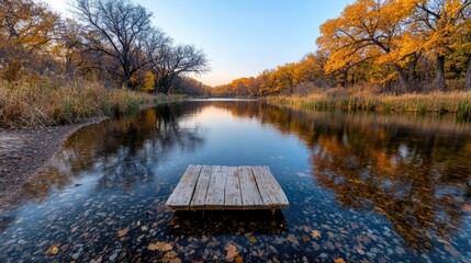 Autumn river, calm water, wooden dock, fall foliage, nature scene