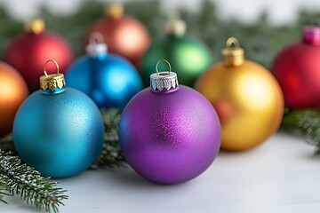 Colorful Christmas baubles on snowy fir branches.