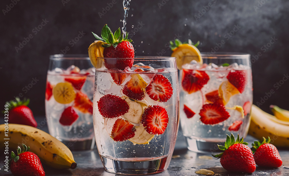 Poster three glasses of fruit juice with strawberries and bananas. the juice is cold and refreshing. the ba