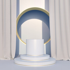 Abstract geometry cylindrical podium for product presentation with circular opening and curtains in the background, winners podium, 3d render, 3d illustration