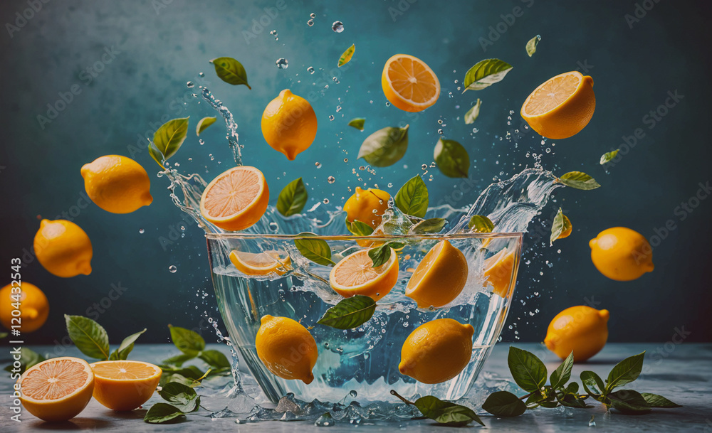 Aufkleber a bowl of lemons and water splashing out of it. the lemons are floating in the water and some are fa