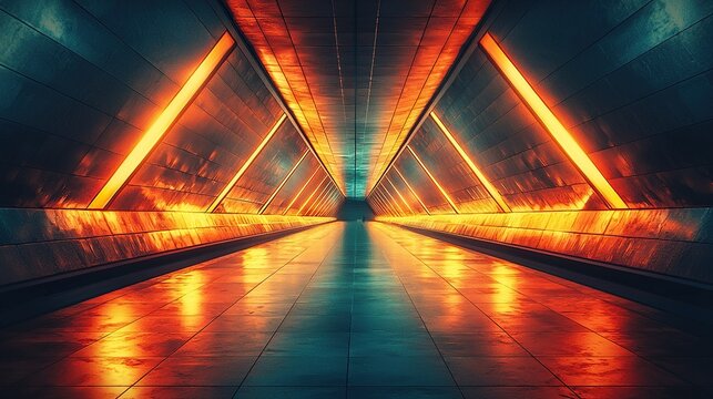 Triangular sci-fi corridor with orange lights and reflections.