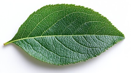 Obraz premium Close-up of a vibrant green leaf showcasing its intricate texture and details against a white background
