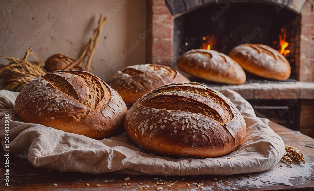 Poster three loaves of bread are sitting on a table next to a fireplace. the bread is freshly baked and loo