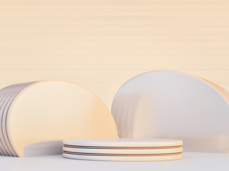 Mock up scene for branding and presentation isolated on beige background; winner podium; light round pedestal with copper strips for products exhibition; 3d rendering, 3d illustration