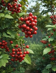 Fototapeta premium Wild bush full of ripe red berries surrounded by greenery, flora, environment, lush green