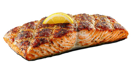 This image showcases a beautifully grilled salmon fillet topped with a slice of lemon, highlighting its rich flavors and appealing texture.