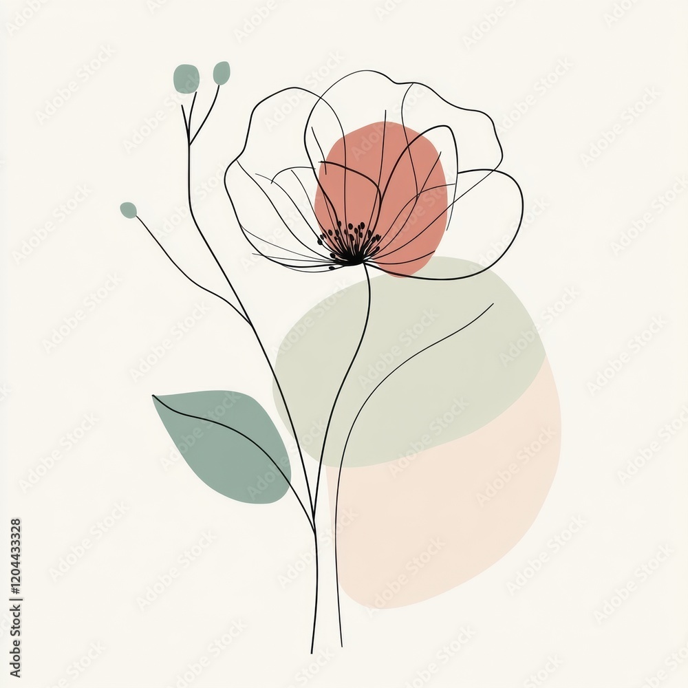 Poster decorative line art featuring a flower against soft pastel shapes in a minimalistic style. generativ