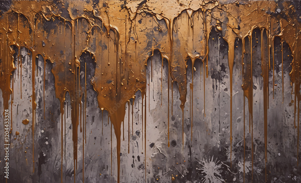 Poster a painting of a wall with gold paint dripping down it. the painting has a moody and dramatic feel to