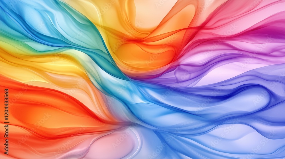 Poster a colorful painting of a rainbow with a blue and white background. the painting is abstract and has 