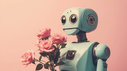 Vintage robot holding pink roses against a pastel pink background, blending retro and futuristic vibes. ideal for tech, valentines, and romantic marketing campaigns. Vintage Robot. Illustration