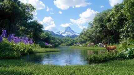 Obraz premium Serene lake scene with grazing animals, lush vegetation, and majestic snow-capped mountains under a bright sky.