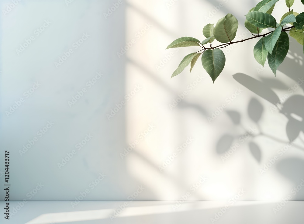Poster Indoor shot of soft sunlight casting shadows of leaves, branches on white wall, floor. Abstract design with natural elements. Empty space ideal for product display background image for minimalist