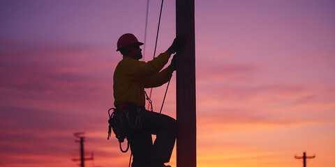 Silhouetted lineman working on a utility pole during a vibrant sunset.