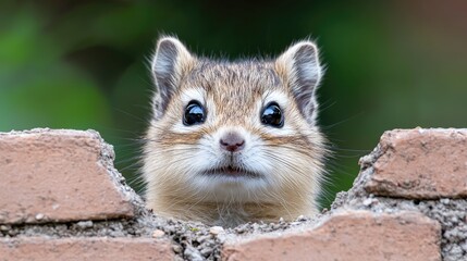 Cute rodent peeking over a brick wall, close-up view.