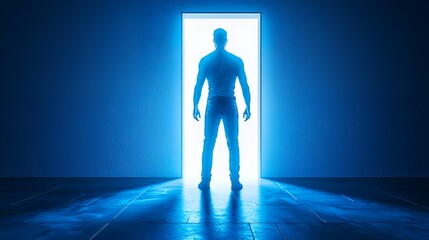 Obraz premium The Threshold of Opportunity: A Man Stands Before a Glowing Doorway, Symbolizing New Beginnings and Potential.