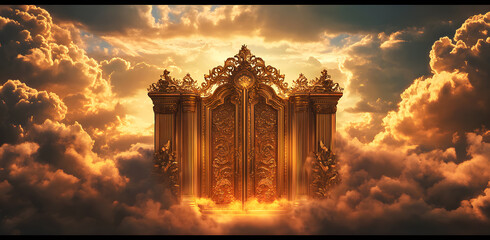 Obraz premium A majestic scene of ornate golden gates opening amidst soft white clouds and a bright blue sky, symbolizing paradise, spirituality, and divine entry.