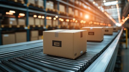 Cardboard boxes on a conveyor belt in a modern warehouse during sunset, showcasing efficient logistics