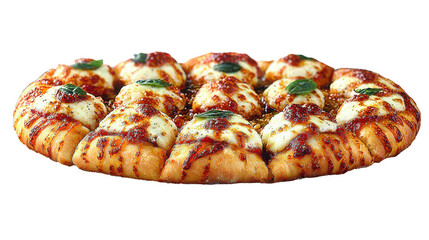 This image showcases a delicious platter of cheesy stuffed bread featuring a golden crust, melted cheese, and fresh basil leaves. It's an appetizing culinary dish.