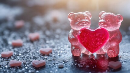 Fototapeta premium Cute gummy bears hugging heart, cozy Valentine's Day background, sweet romantic love. Social media template for business promotions.