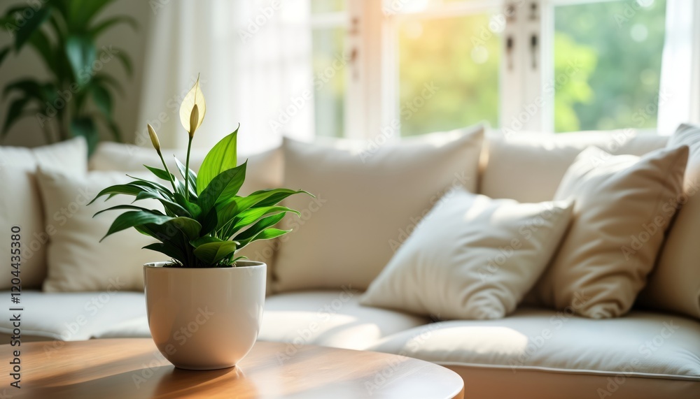Poster potted plant sits on a wooden table in a cozy living room. beige couch and pillows create a calm atm