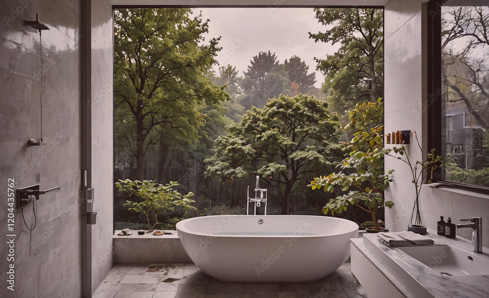 Poster a large white bathtub sits in front of a window with a view of trees. the bathroom is decorated with
