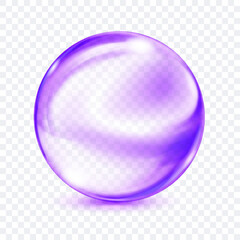 A single, translucent smooth purple sphere with glares and subtle soft shadow beneath it, on transparent background. Vector illustration for design projects and creative works.