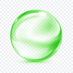 A single, translucent smooth green sphere with glares and subtle soft shadow beneath it, on transparent background. Vector illustration for design projects and creative works.
