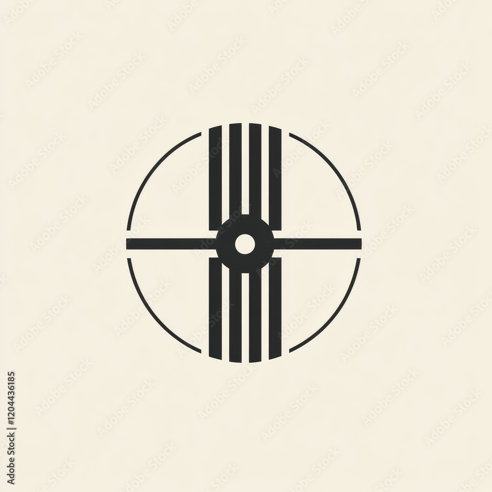 Leinwandbilder design featuring a minimalistic black and white circular emblem with symmetrical lines and a central