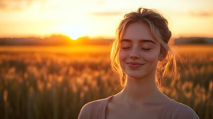 Serene Woman in Golden Wheat Field at Sunset