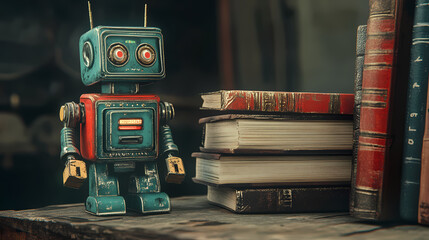 Fototapeta premium 3d rendering of a tin toy robot exploring the concept of machine learning alongside a stack of books. Vintage Robot. Illustration